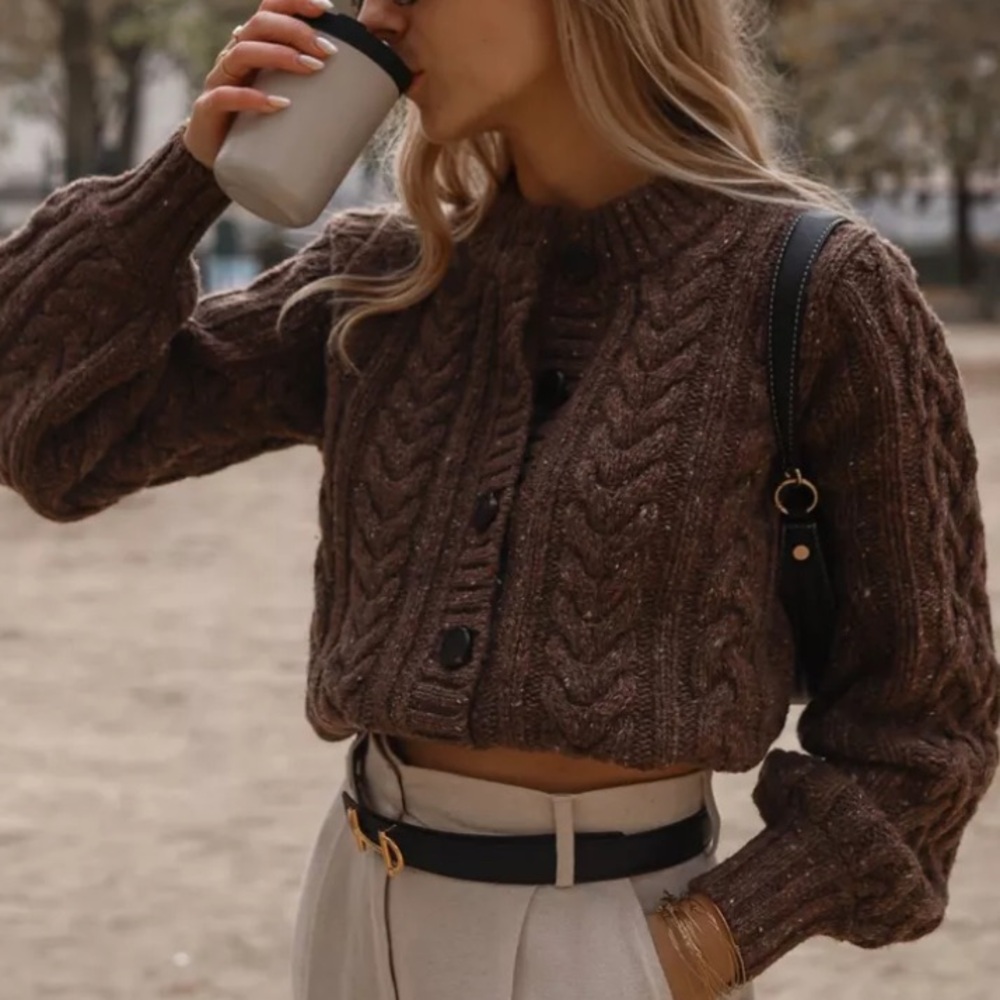 🍂🎃RARE Sezane ANDINA CARDIGAN Chunky Cable Knit Brown Sweater - Picture 2 of 11